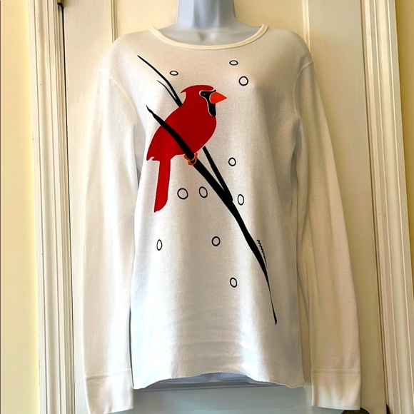 Marushka Hand Printed Cardinal Long Sleeve Tee Medium Relaxed Garden Birding - Picture 1 of 15